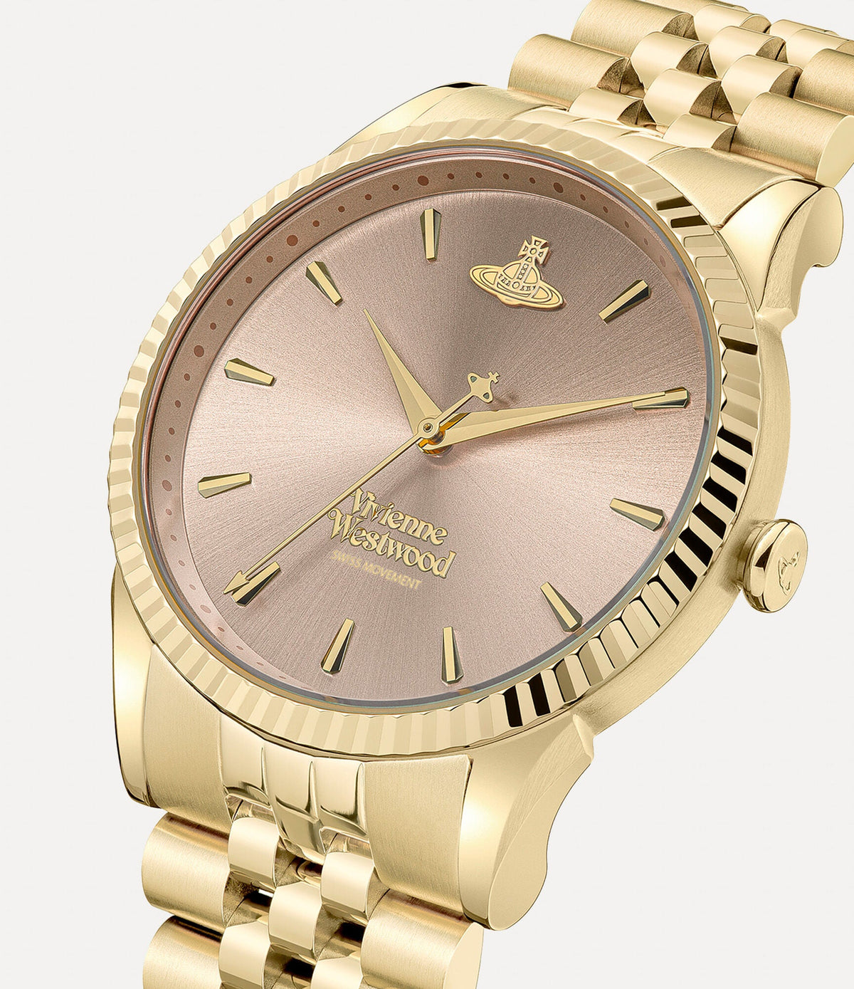 Vivienne Westwood Seymour watch at angle showing textured bezel, dial, and gold-plated case