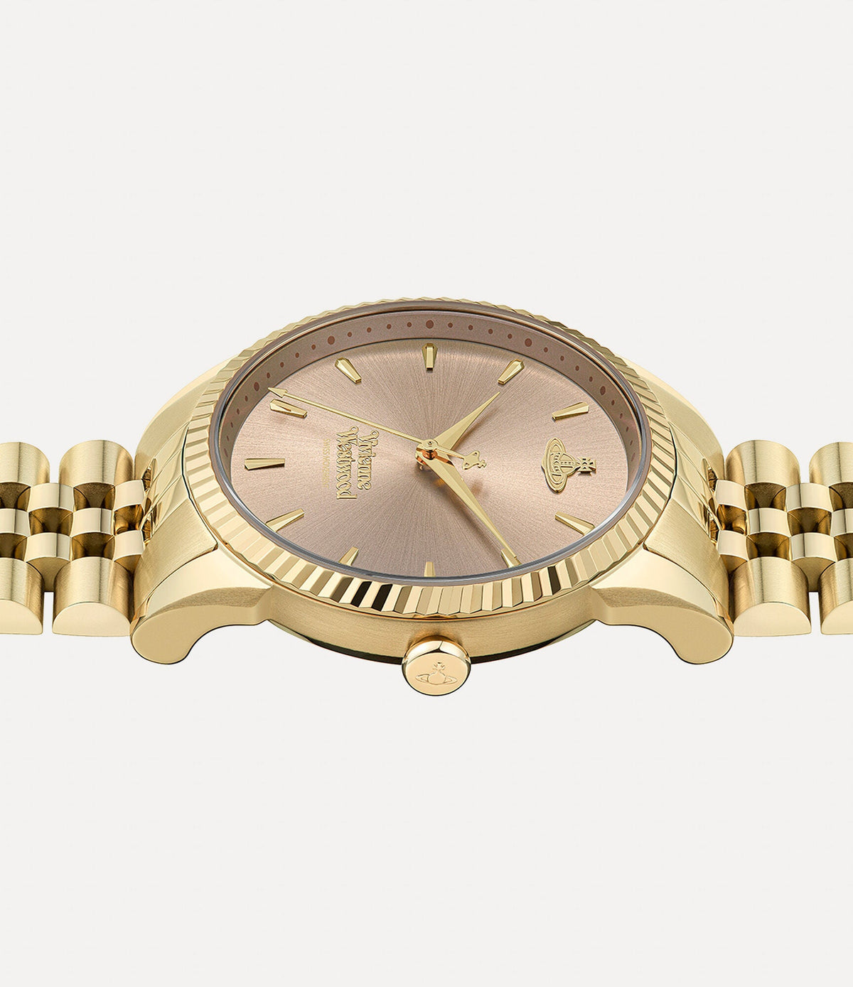 Vivienne Westwood Seymour watch from side view displaying case profile and bracelet