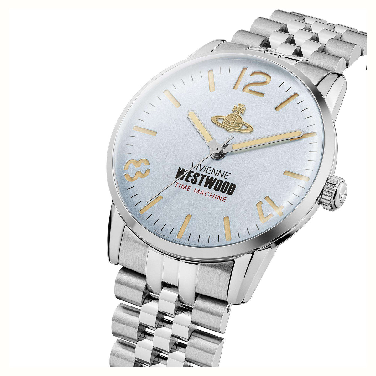 Angled view of Cadogan watch showing dial and stainless steel bracelet