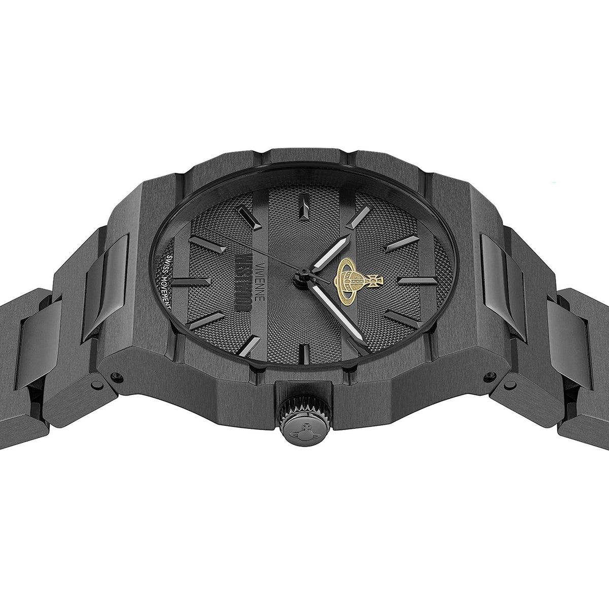 The Bank watch side view showing case profile and gunmetal stainless steel construction