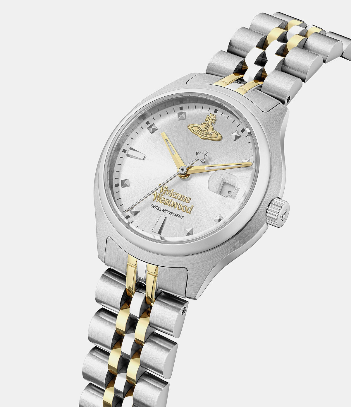 Angled view of Vivienne Westwood Little Camberwell watch showing two-tone silver and gold bracelet