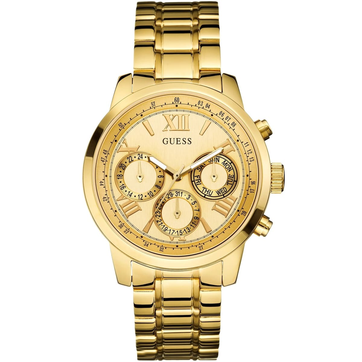 Guess Sunrise gold tone multifunction chronograph watch with Roman numeral dial and three subdials