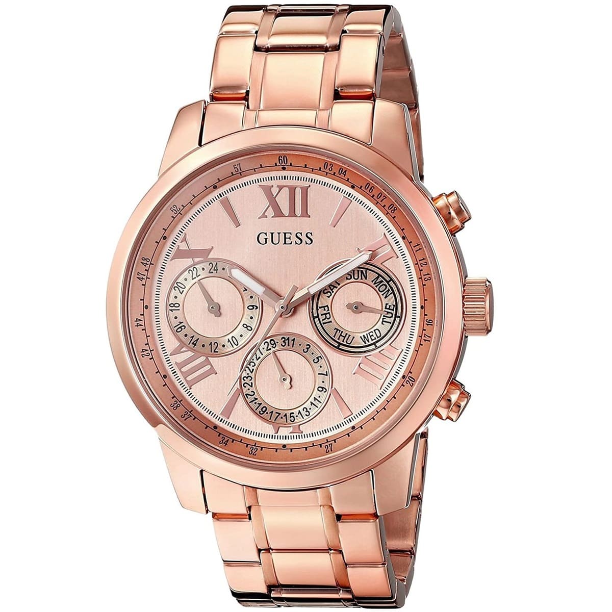 Angled view of Guess Sunrise rose gold watch showing chronograph subdials and steel bracelet