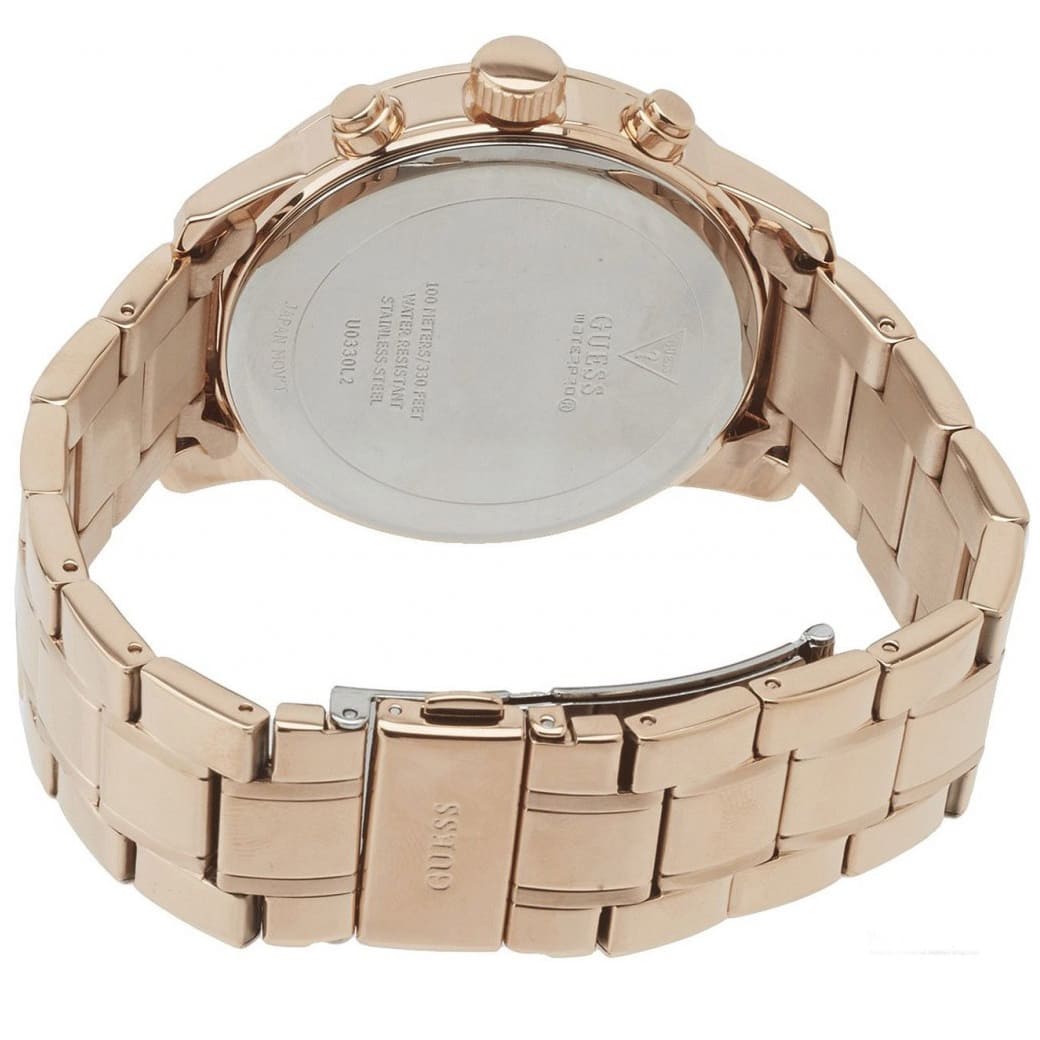 Rose gold steel bracelet and caseback of Guess Sunrise chronograph watch