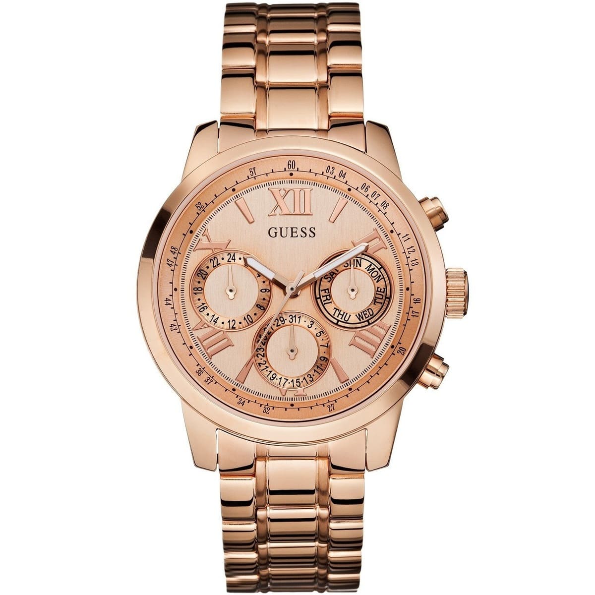 Guess Sunrise rose gold chronograph watch with roman numeral dial and rose gold steel bracelet