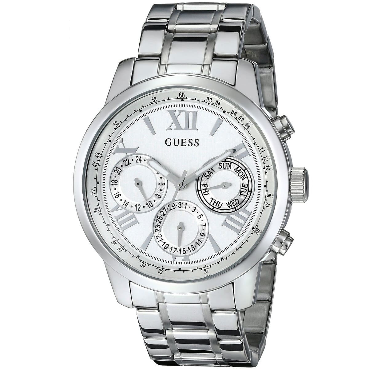 Angled view of Guess Sunrise women's watch displaying white chronograph dial and steel bracelet