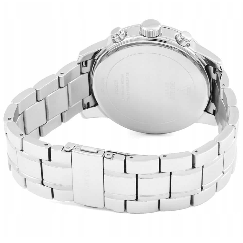 Caseback view of Guess Sunrise watch displaying silver stainless steel case and bracelet
