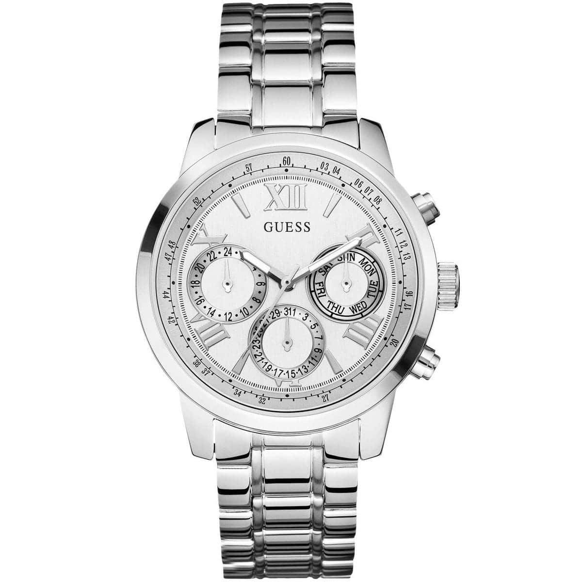 Guess Sunrise multifunction watch with white dial, chronograph subdials, Roman numerals, and silver metal strap