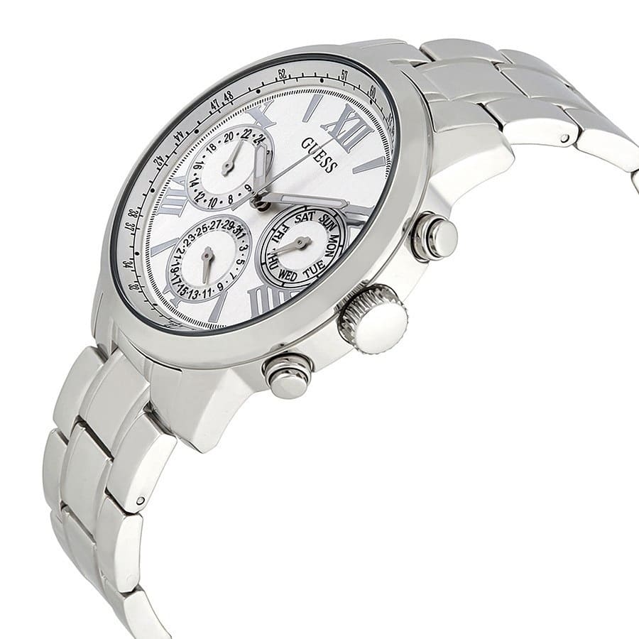 Side view of Guess Sunrise watch showing case profile, crown, chronograph pushers, and metal strap