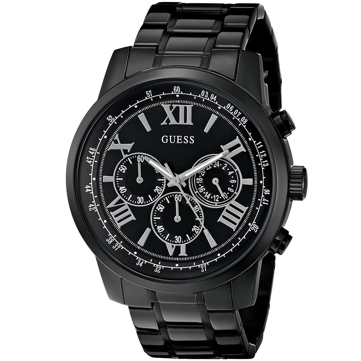 Guess Horizon Chronograph black metal watch side angle view showing stainless steel bracelet