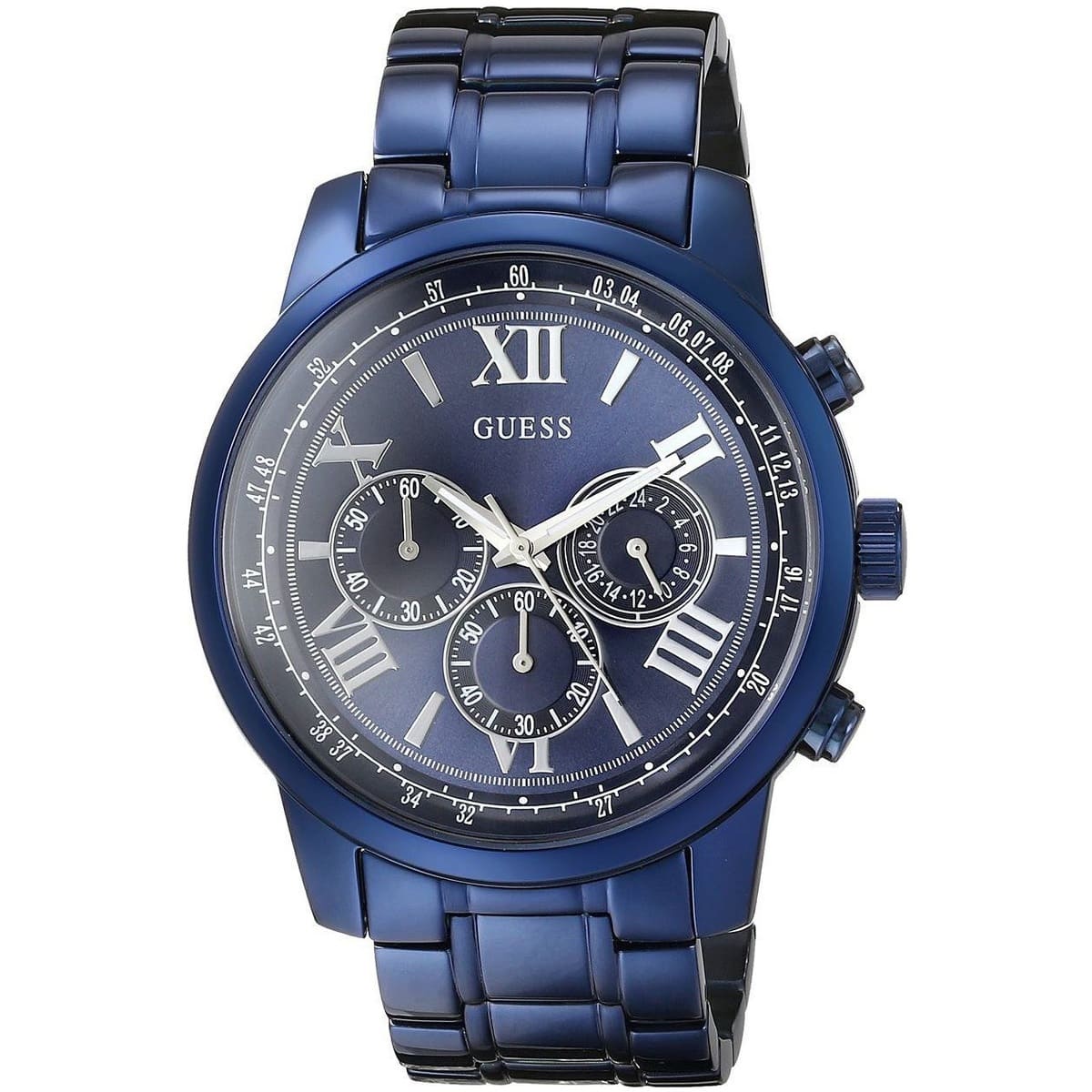 Guess Horizon chronograph watch showing three subdials and blue steel bracelet from angled view