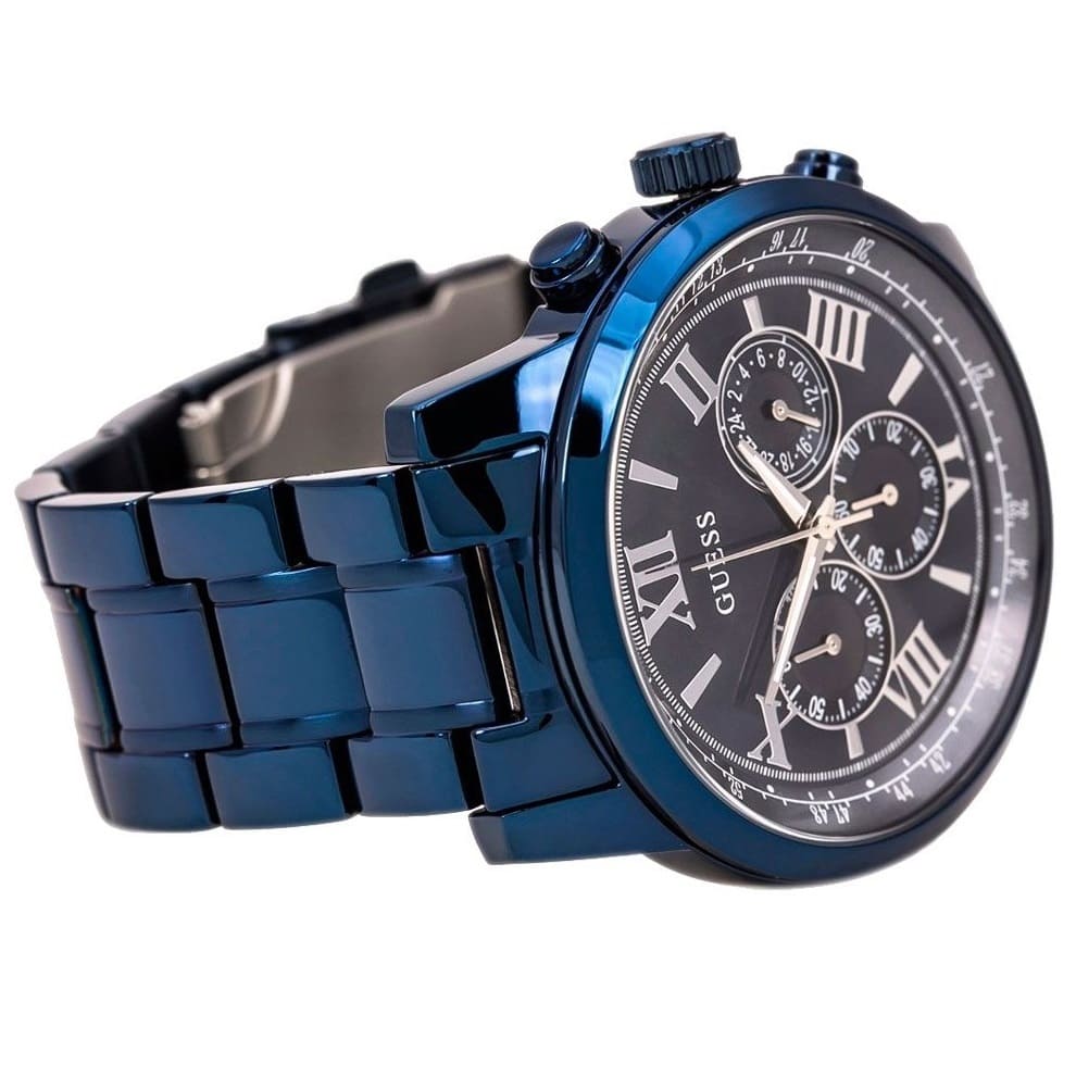 Guess Horizon chronograph watch side profile showing blue steel case and bracelet