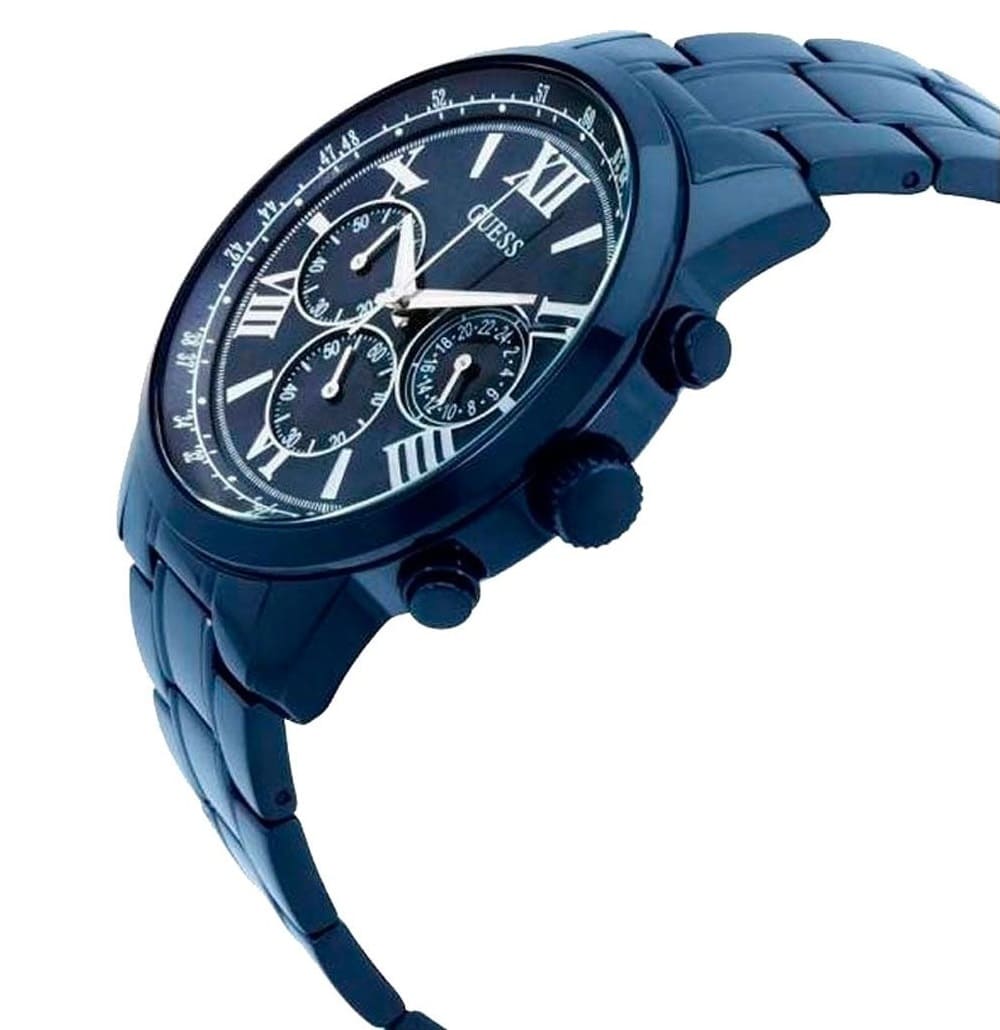Guess Horizon chronograph watch on wrist view displaying black dial with Roman numerals