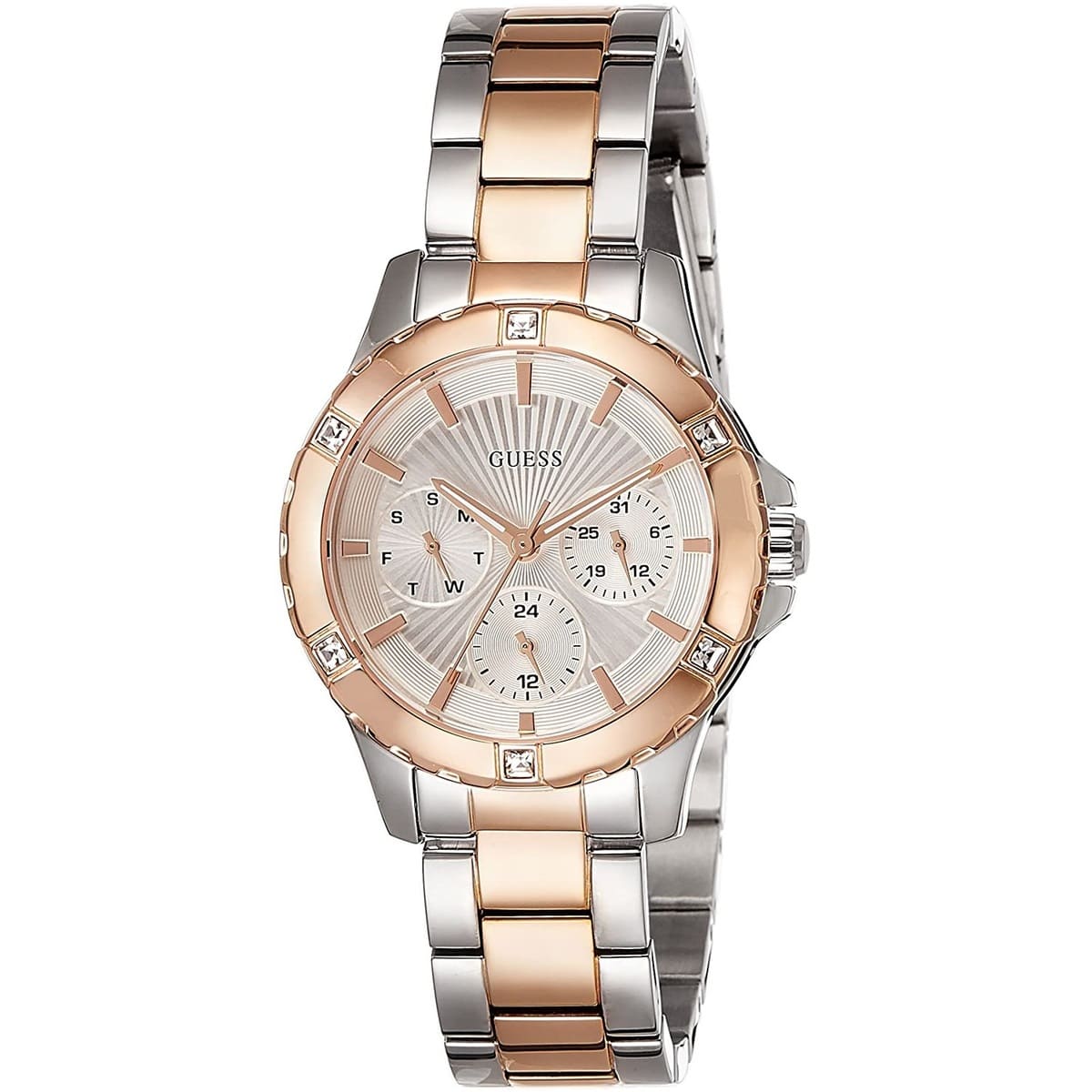 Three-quarter view of Guess Mist chronograph watch with silver dial and two-tone steel bracelet