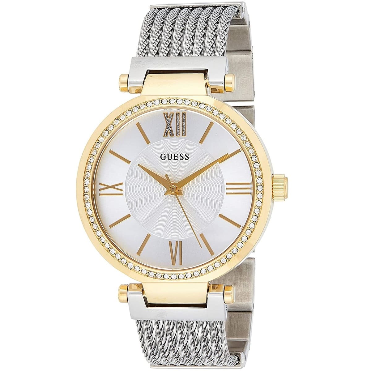 Guess Soho watch featuring silver dial with Roman numerals and diamond-studded gold bezel