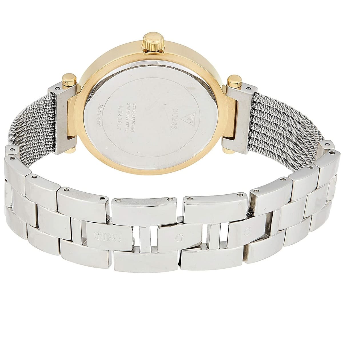 Guess Soho watch caseback showing gold case and metal bracelet construction