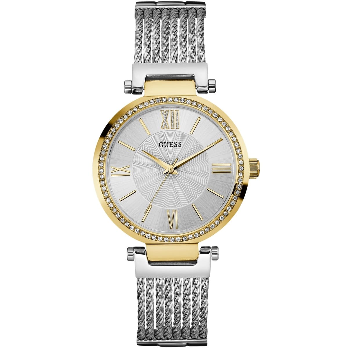 Guess Soho women's watch with silver dial, diamond bezel, gold case, and silver mesh bracelet