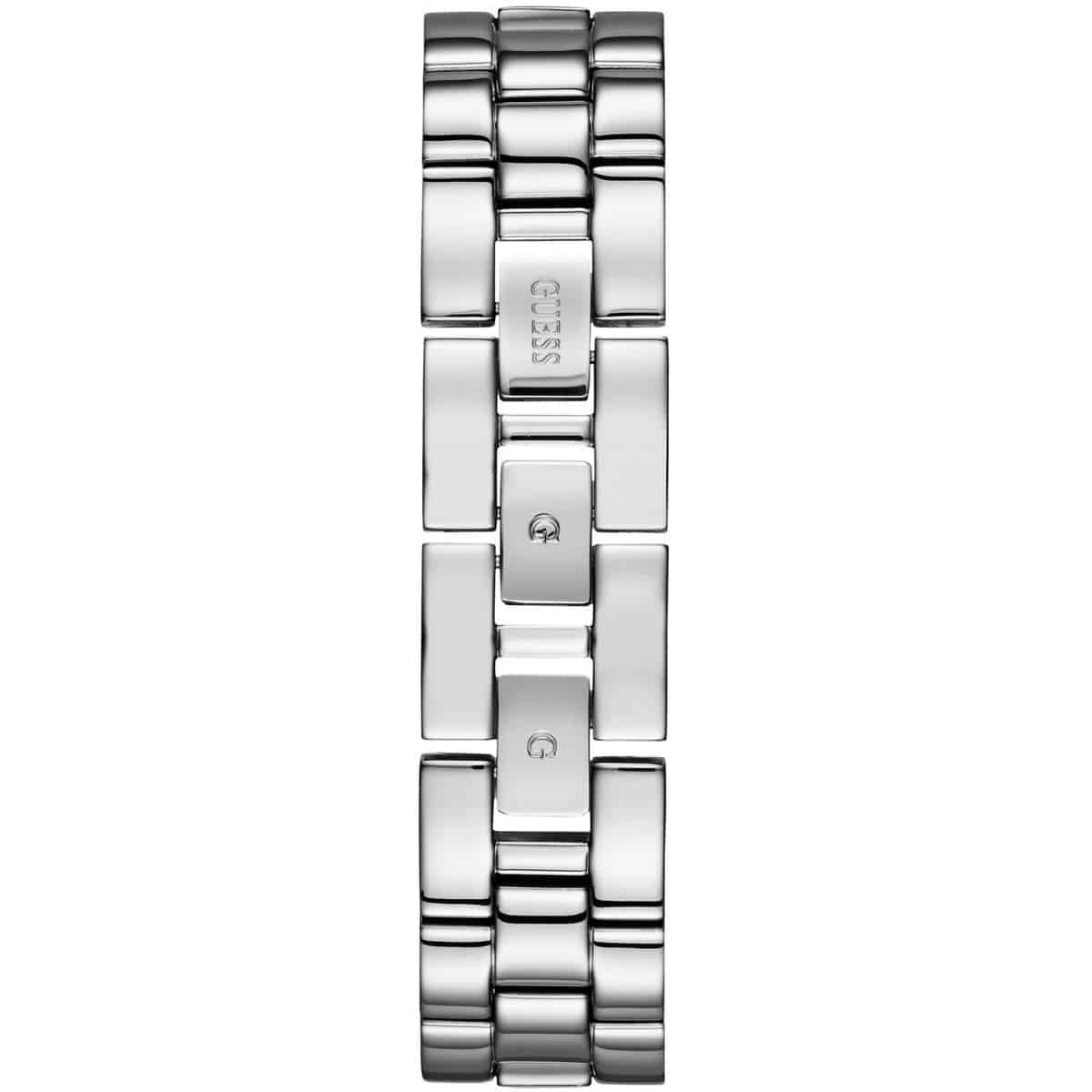 Close-up of Guess Soho silver mesh bracelet with diamond details on case