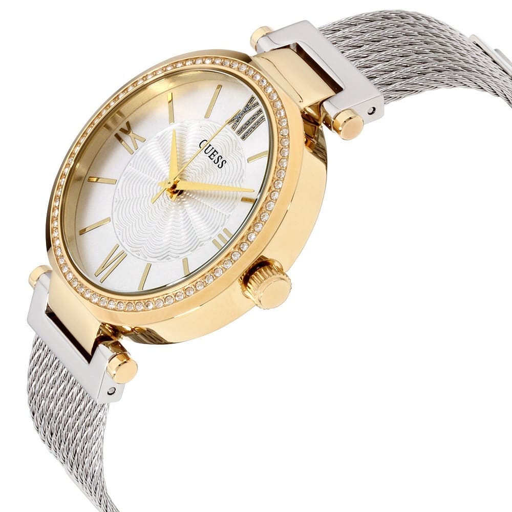 Side profile of Guess Soho watch with two-tone gold and silver mesh bracelet