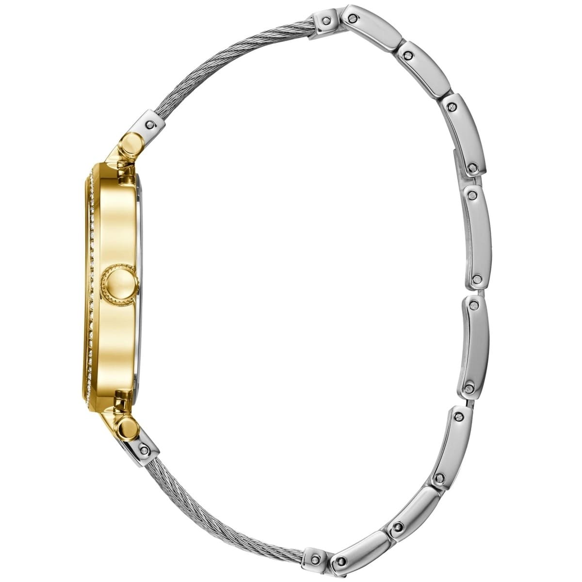 Guess Soho watch bracelet showing two-tone metal links with silver and gold accents