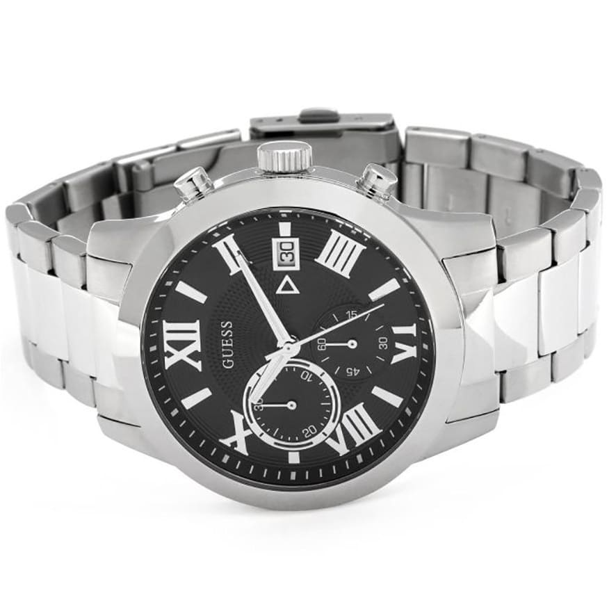 Guess W0668G3 black dial detail with Roman numerals and chronograph subdials