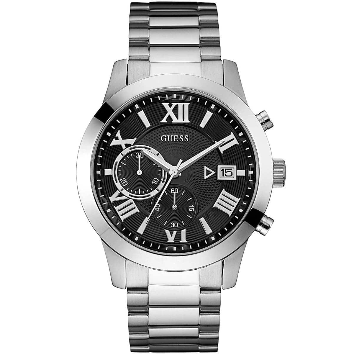 Guess W0668G3 stainless steel chronograph watch with black dial and Roman numerals