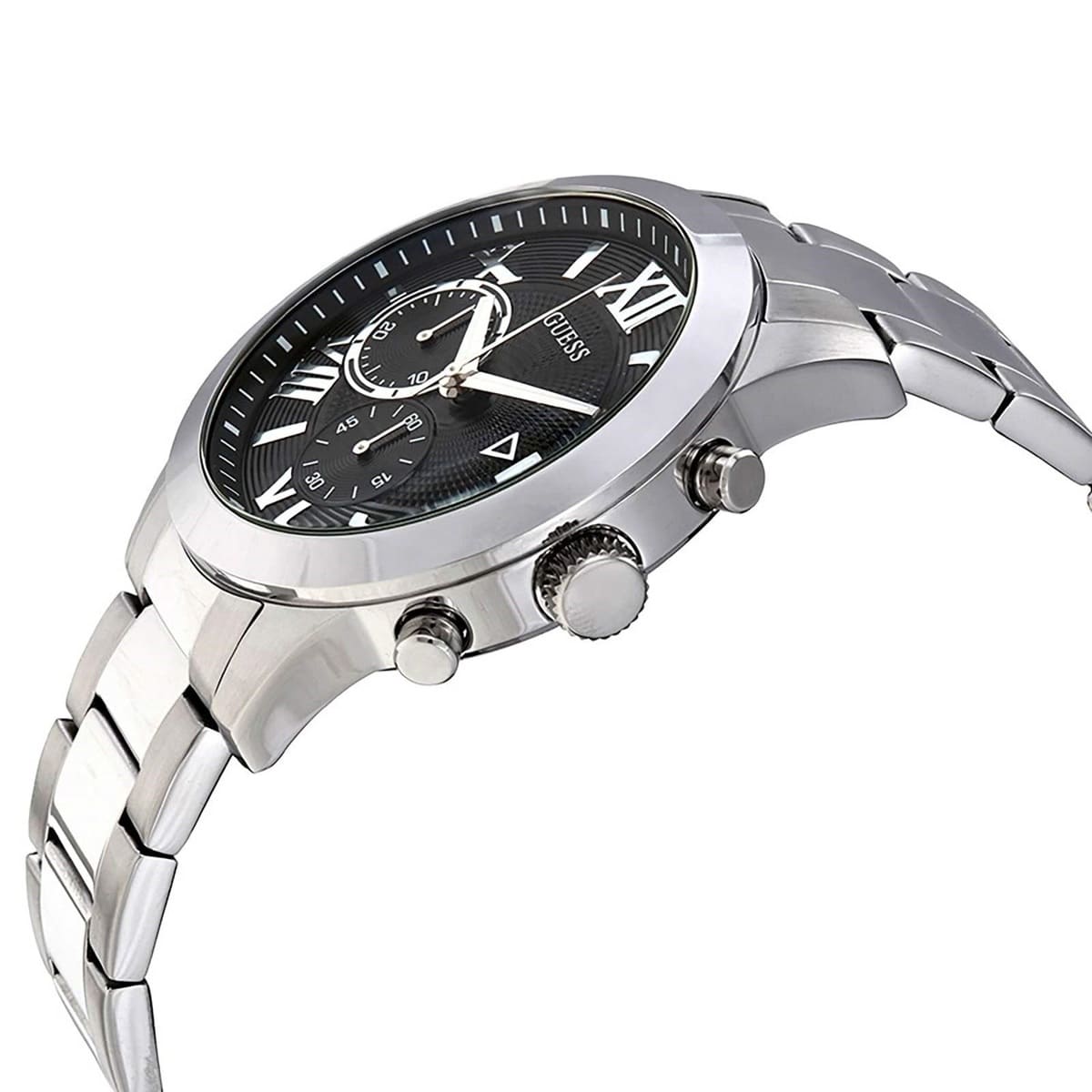 Guess W0668G3 watch side profile showing case thickness and chronograph pushers