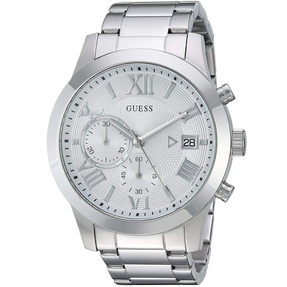 GUESS W0668G7 watch angled view showing date window and chronograph subdials