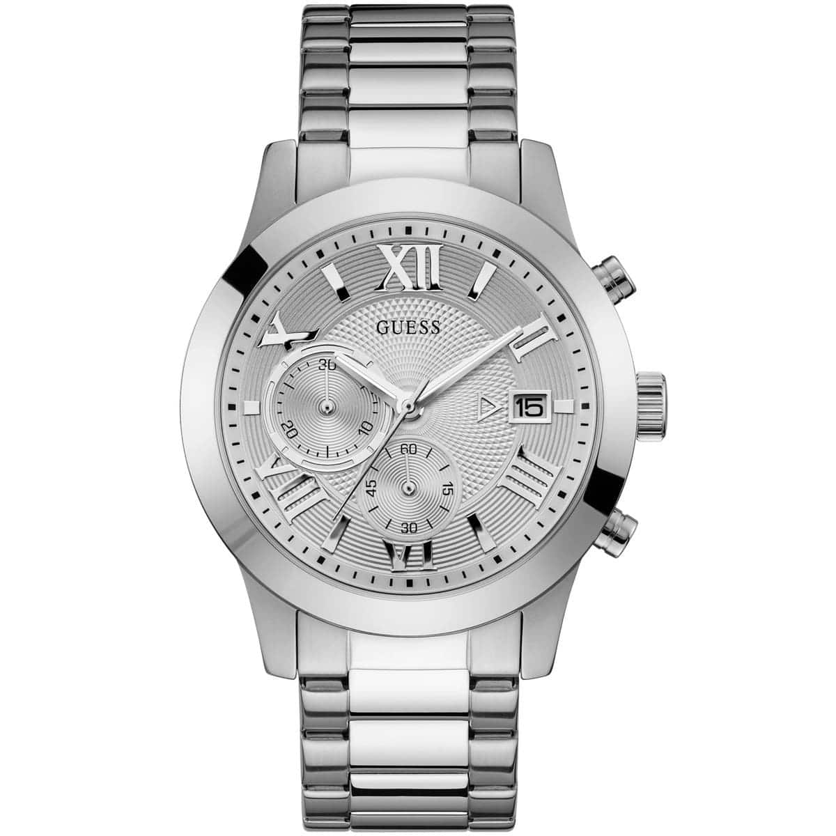 GUESS W0668G7 silver tone chronograph men's watch with white dial and metal bracelet