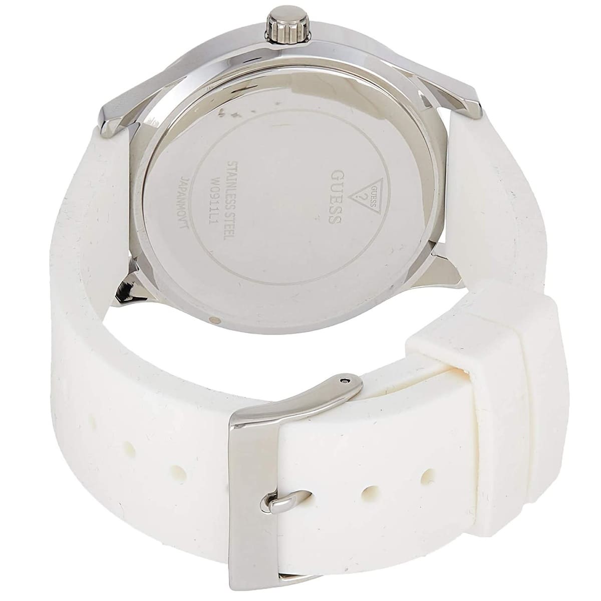Guess G Twist caseback with engraved text and white strap
