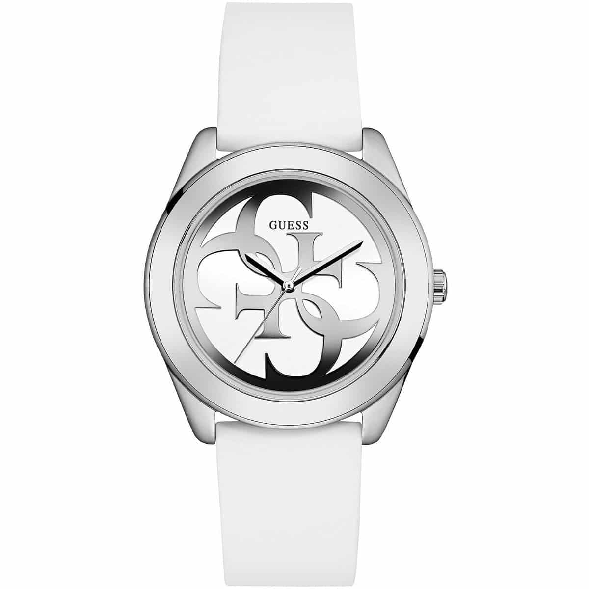 Guess G Twist women's watch with silver dial and white silicone strap