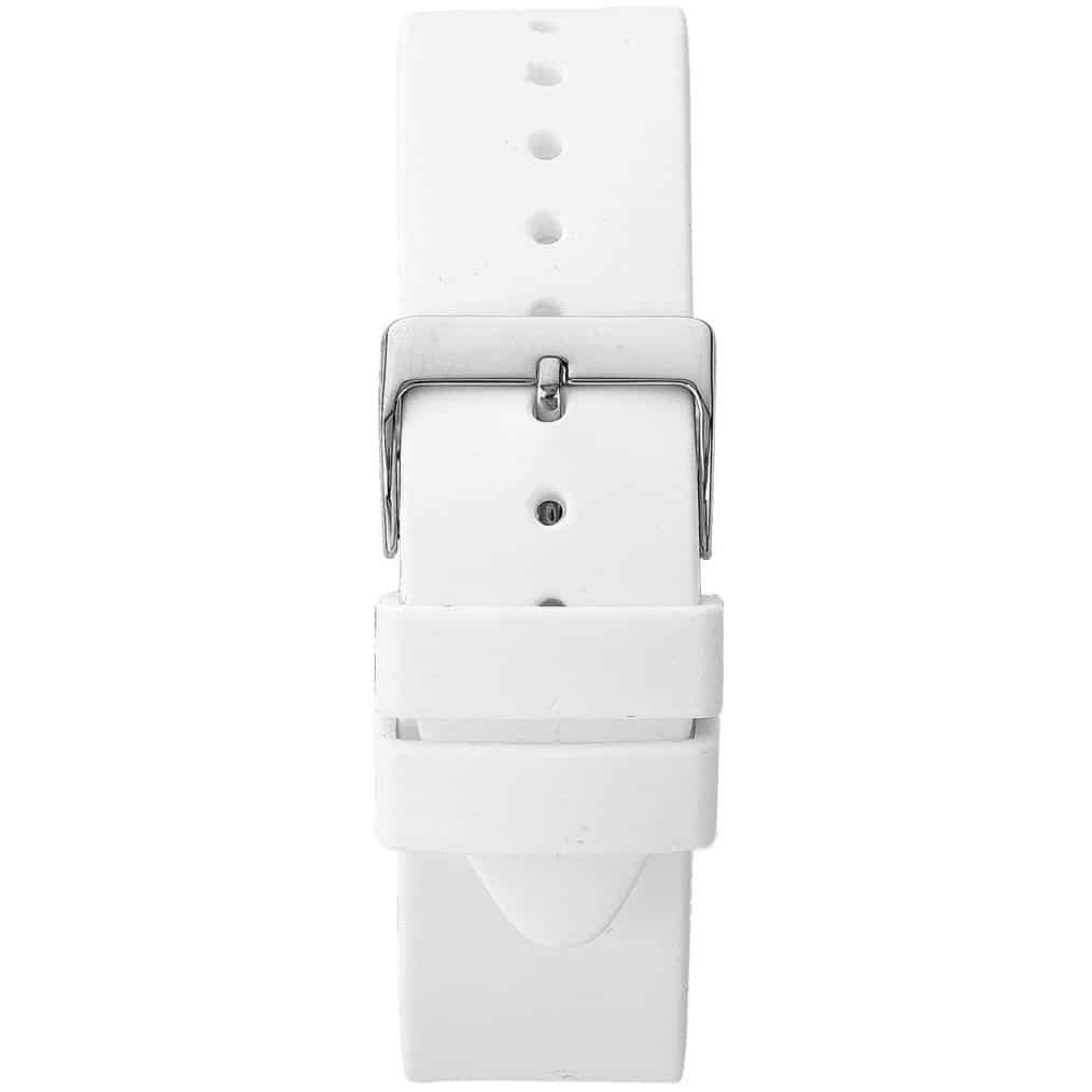 White silicone strap detail with silver-tone buckle closure