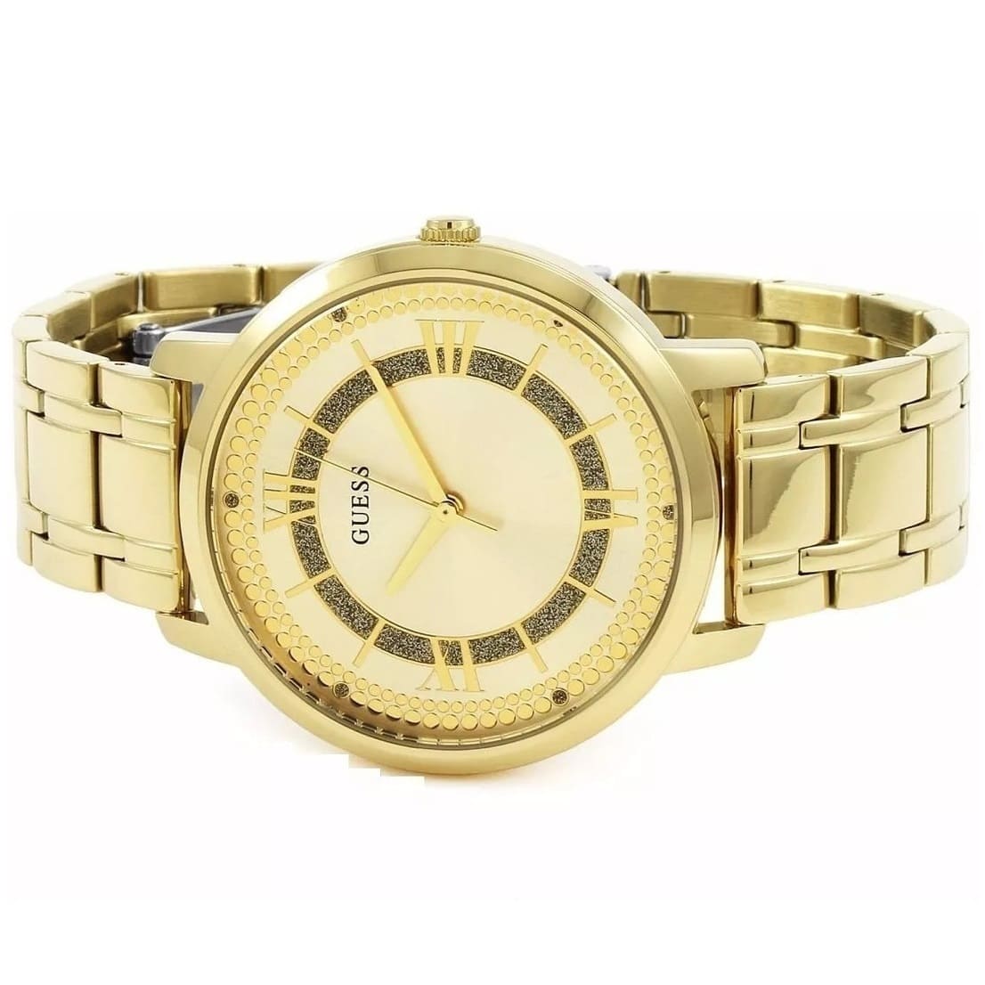 GUESS W0933L2 gold-tone women's watch with metal link bracelet and Roman numeral dial detail