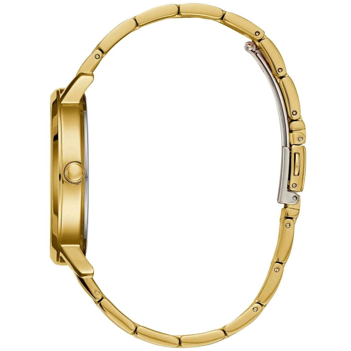 GUESS W0933L2 women's watch side view showing gold metal link bracelet and crown detail