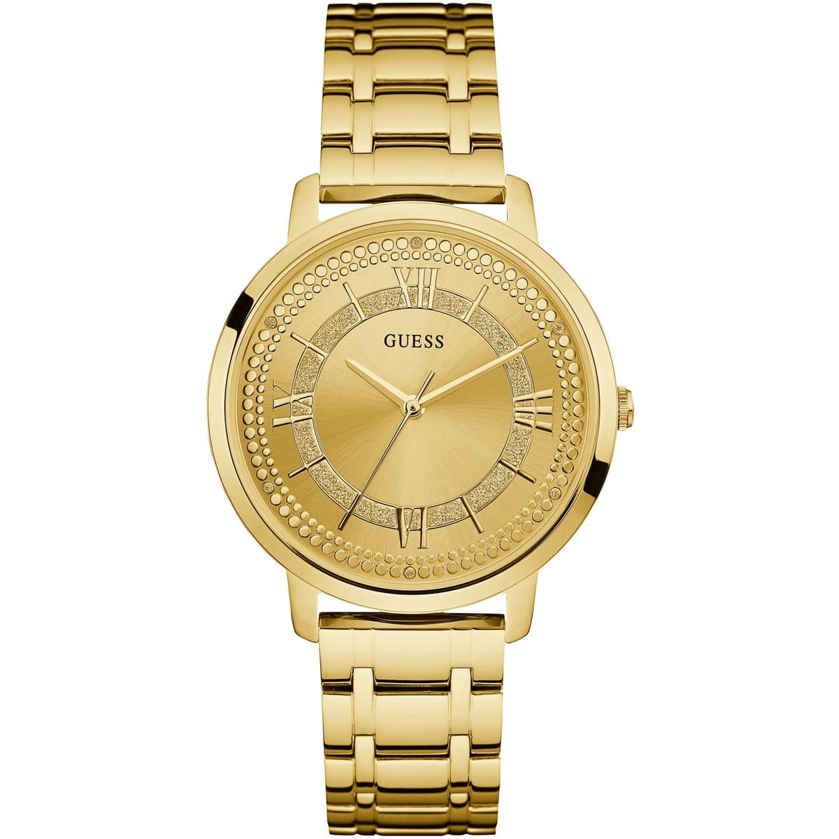GUESS W0933L2 gold-tone women's quartz watch with Roman numeral dial and crystal-studded bezel