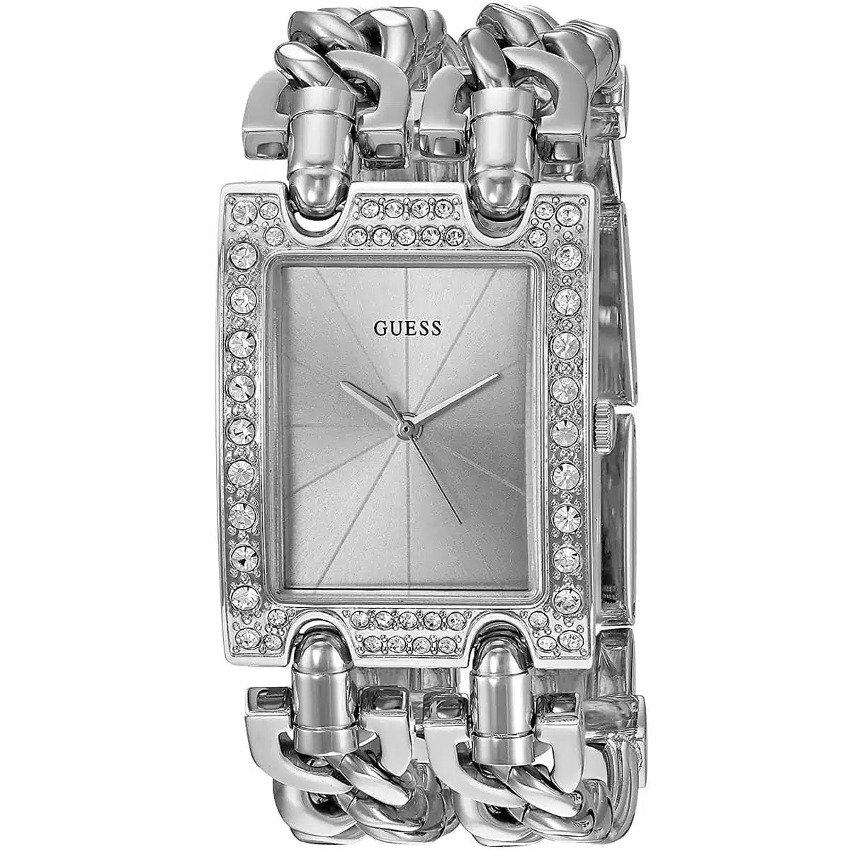 Angled view of Guess W1121L1 square watch showing crystal-set bezel and chain strap