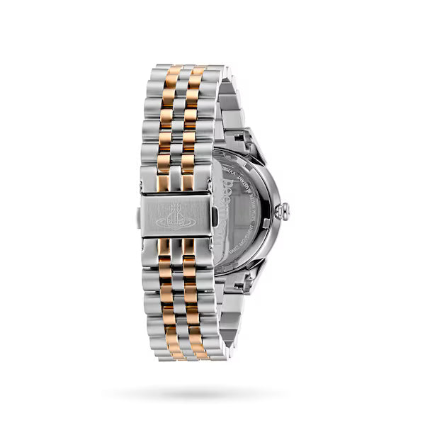 Case back view of Wallace VV208DBLSR watch with two-tone silver and rose gold bracelet