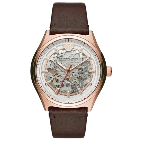 Emporio Armani Meccanico White Skeleton Dial Brown Leather Strap Men's Watch - AR60005