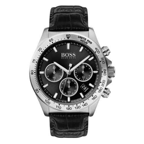 Hugo Boss Hero Chronograph Black Dial Black Leather Strap Watch For Men - 1513752