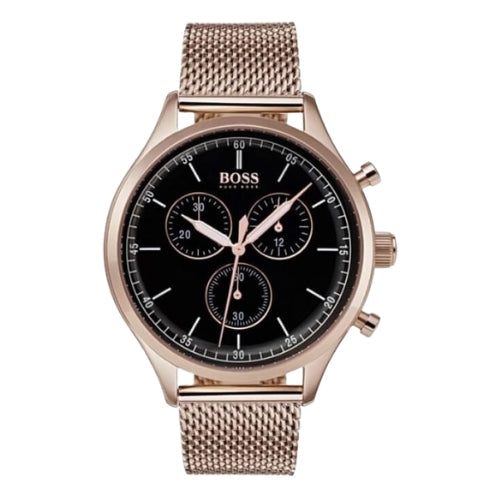 Hugo Boss Companion Chronograph Black Dial Rose Gold Mesh Strap Watch For Men - 1513548