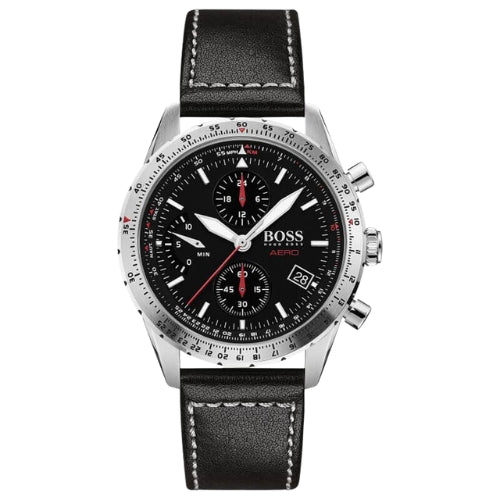 Hugo Boss Aero Chronograph Black Dial Black Leather Strap Watch for Men - 1513770