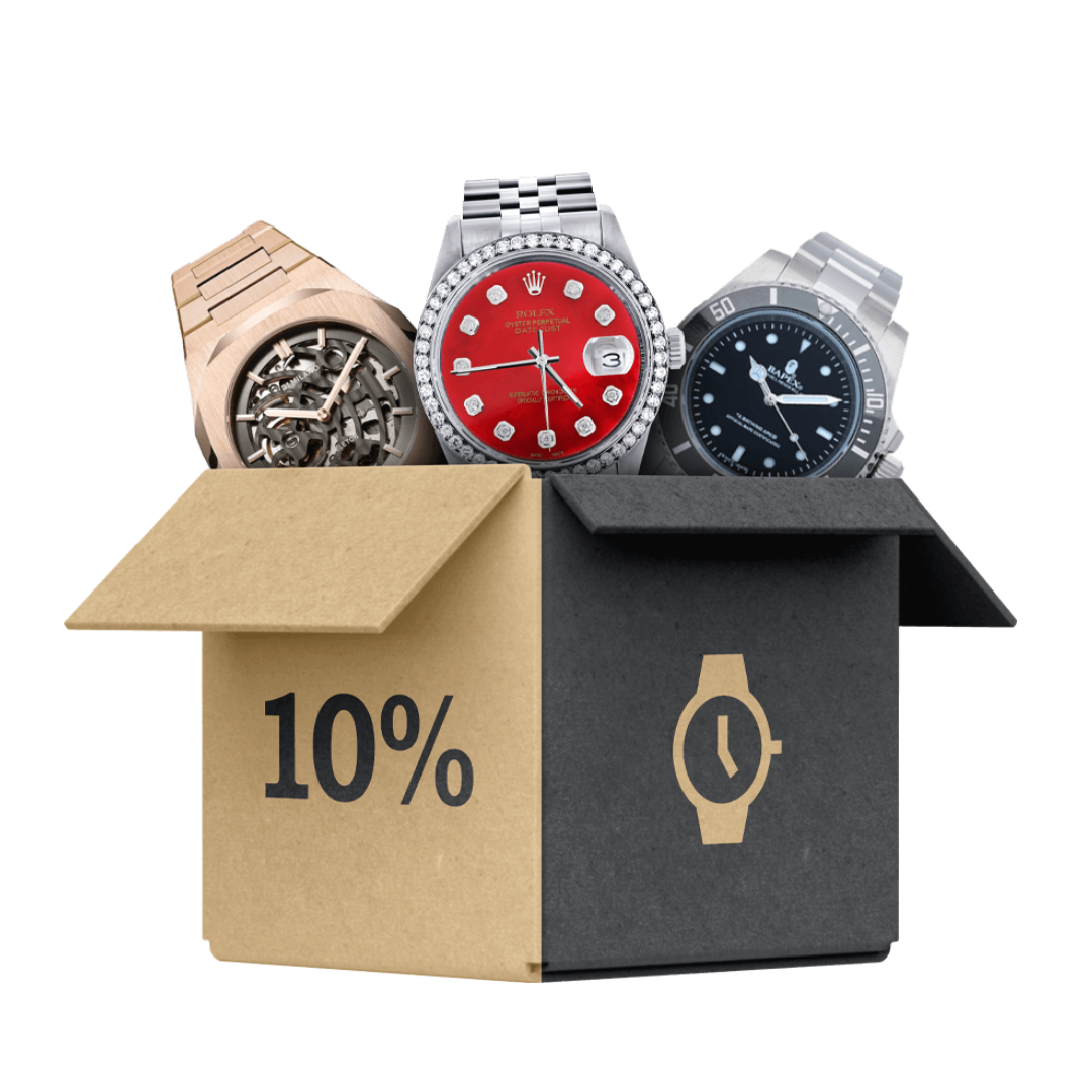 Watch mystery box opened revealing three different watches inside cardboard and black packaging