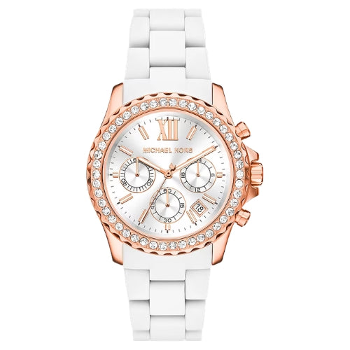 Michael Kors Oversized Everest Pavé Rose Gold-Tone and Silicone Watch in WHITE - MKO1133