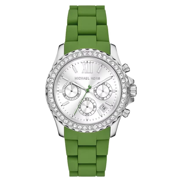 Michael Kors Oversized Everest Pavé Silver-Tone and Silicone Watch in JUNGLE GREEN | MKO1136