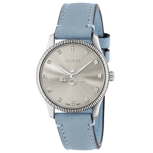 Gucci G-Timeless Stainless Steel Silver Dial Blue Leather Strap Quartz Women's Watch YA1265039