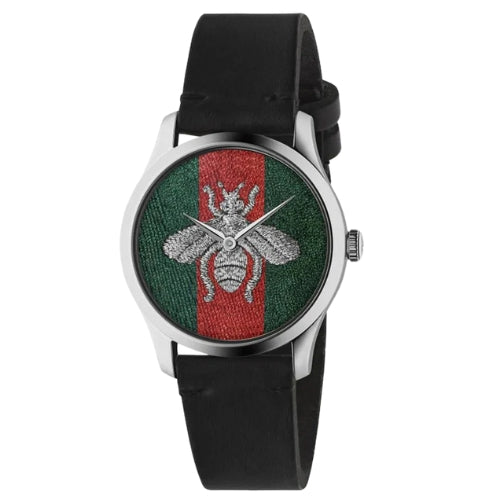 Gucci G-Timeless Green and Red Dial Black Leather Strap Men's Watch YA1264149