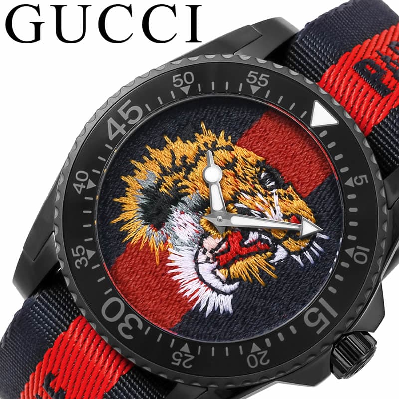 Gucci Dive Blue Red Web Dial Tiger Embroidery Men's Watch YA136215
