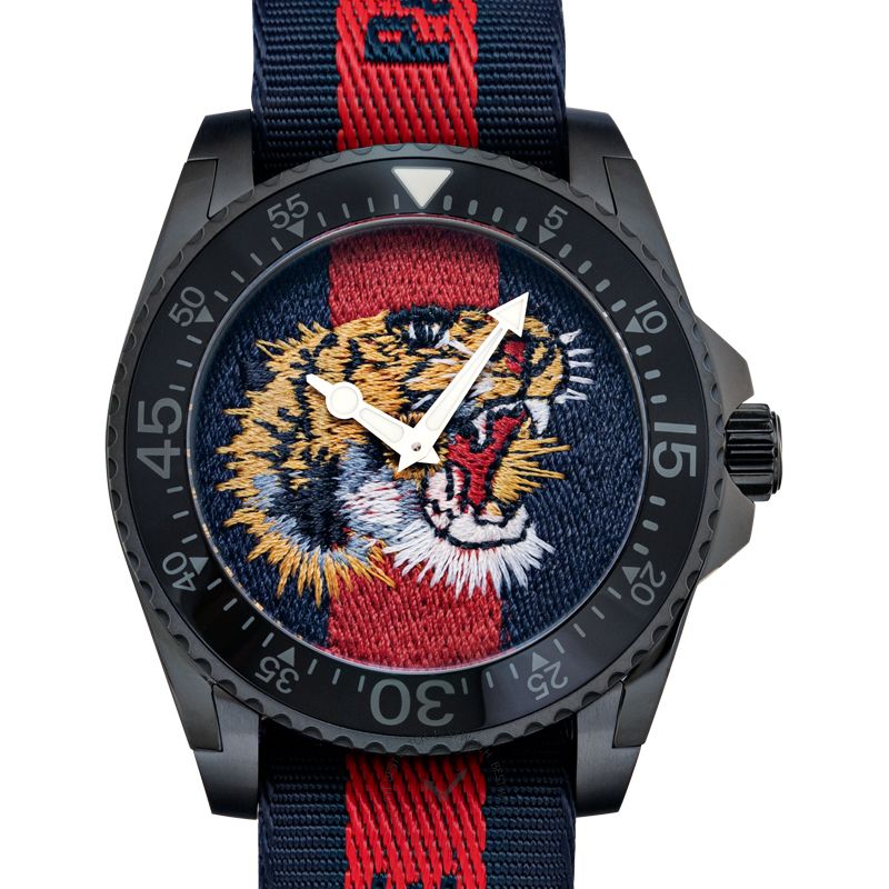 Gucci Dive Blue Red Web Dial Tiger Embroidery Men's Watch YA136215