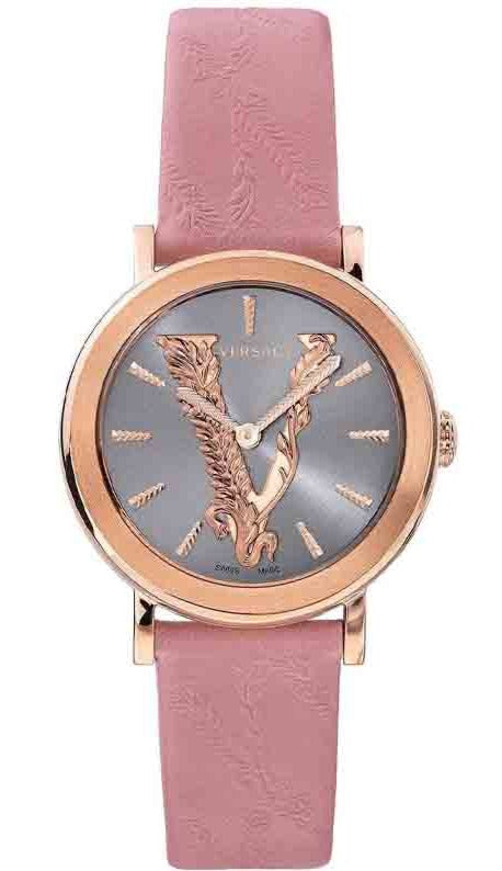 Versace Virtus Quartz Grey Dial Pink Leather Strap Women's Watch - VEHC00319