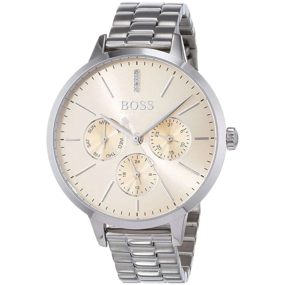 Hugo Boss Symphony watch angled view showing subdials and BOSS branding on dial